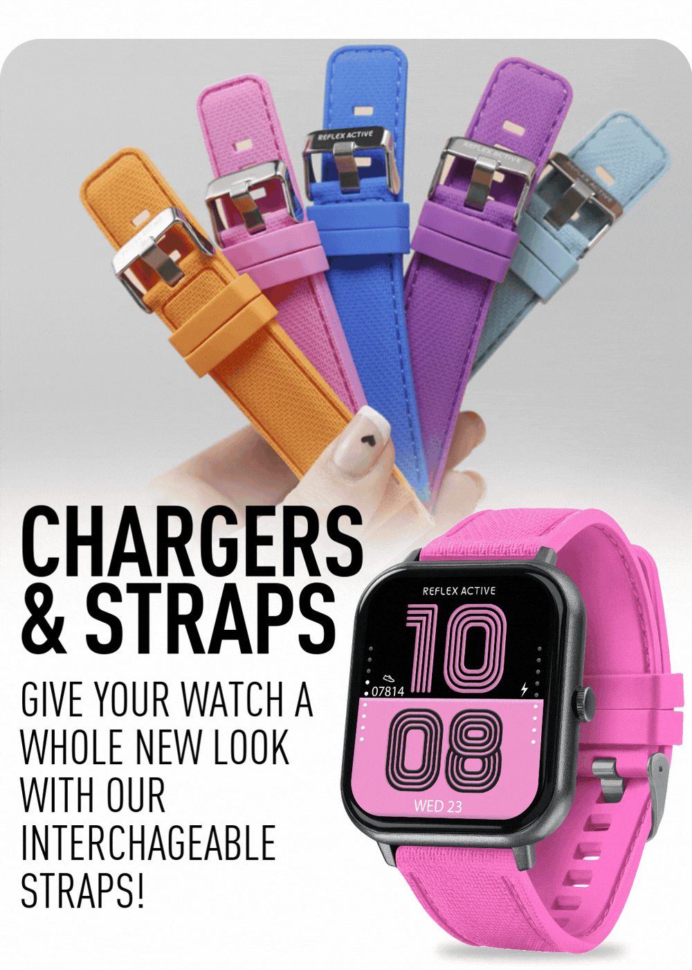 Reflex Active replacement smartwatch straps and magnetic chargers