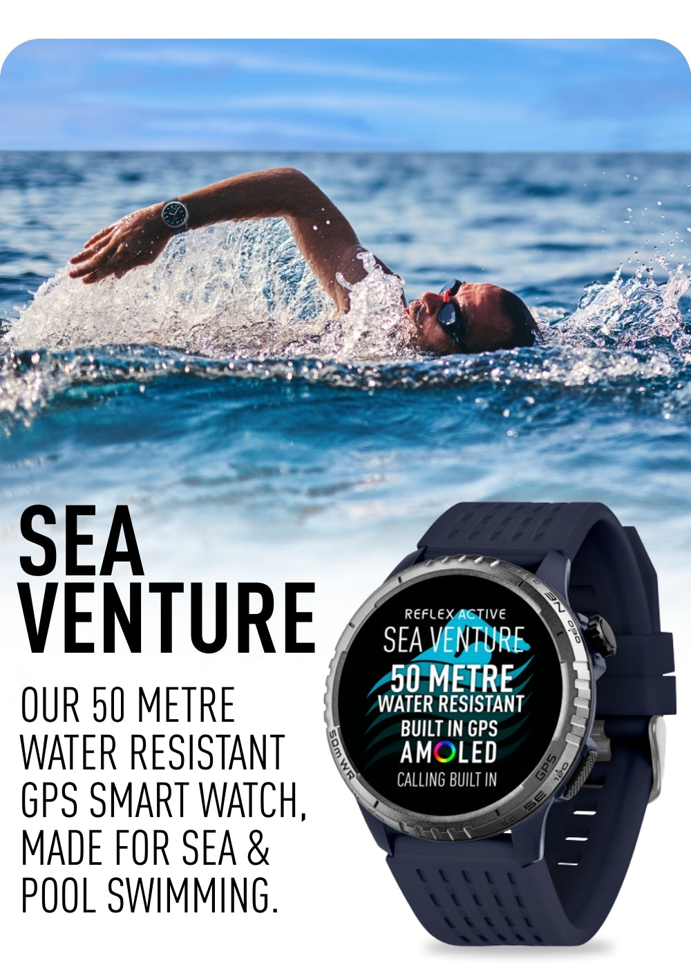 Reflex Active Sea Venture waterproof smartwatch worn while swimming